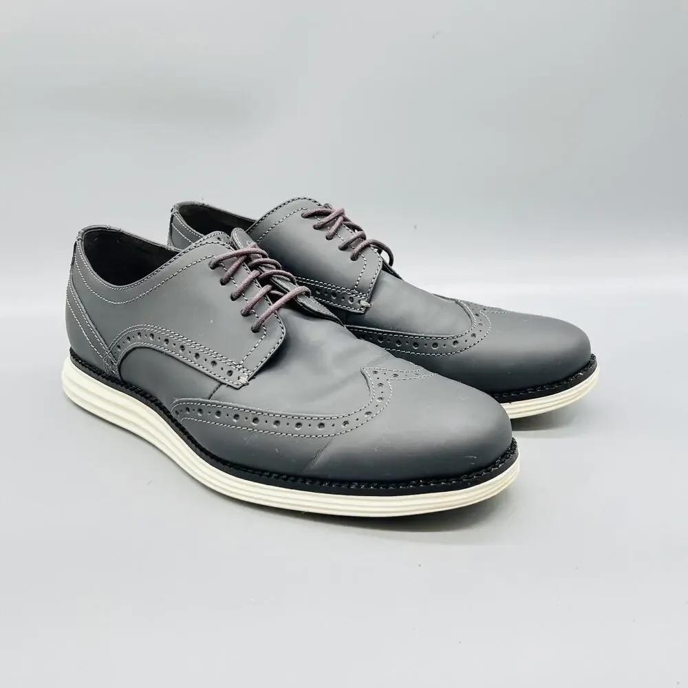 Cole Haan Shoes Mens 8 Gray Leather Grand OS Wingtip Oxford Dress Brogue Comfort